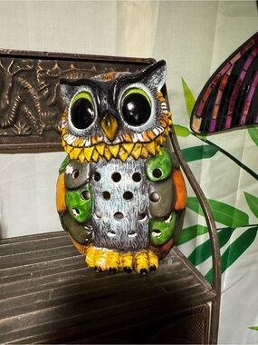 Colorful Ceramic Owl Figurine - Green, Yellow, Orange, Gray